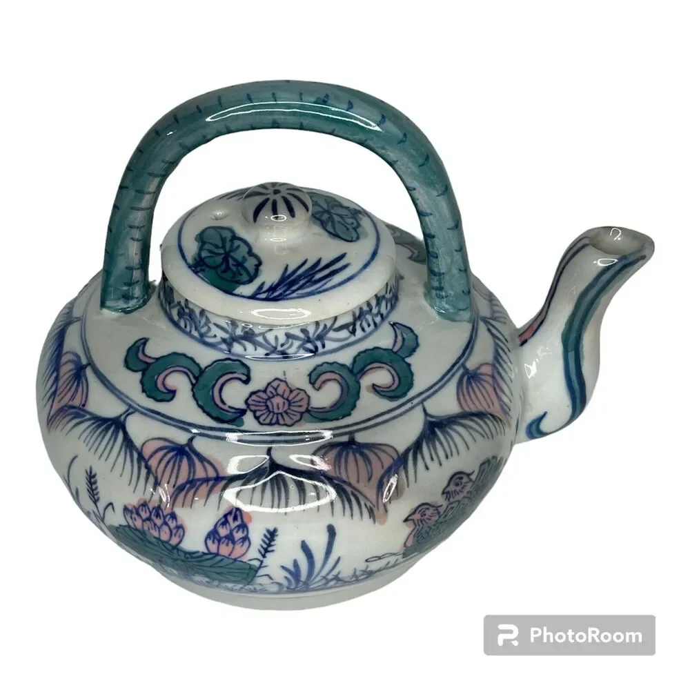 Vintage Chinese Multi Color Floral Lotus Porcelain Teapot Mini Decorative 5